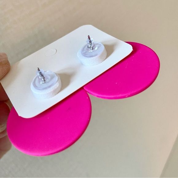 Hot Pink, Large Round Button Style Disk Earrings, retro 50s 60s 90s, NWT - Picture 2 of 4